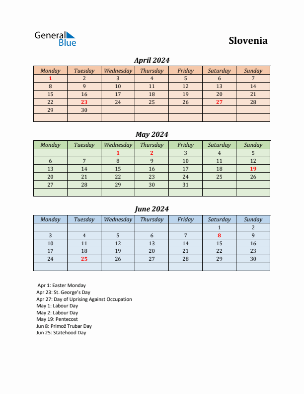 Q2 2024 Holiday Calendar - Slovenia