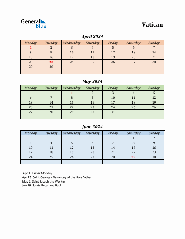 Q2 2024 Holiday Calendar - Vatican