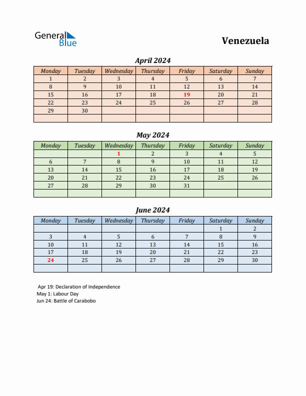 Q2 2024 Holiday Calendar - Venezuela