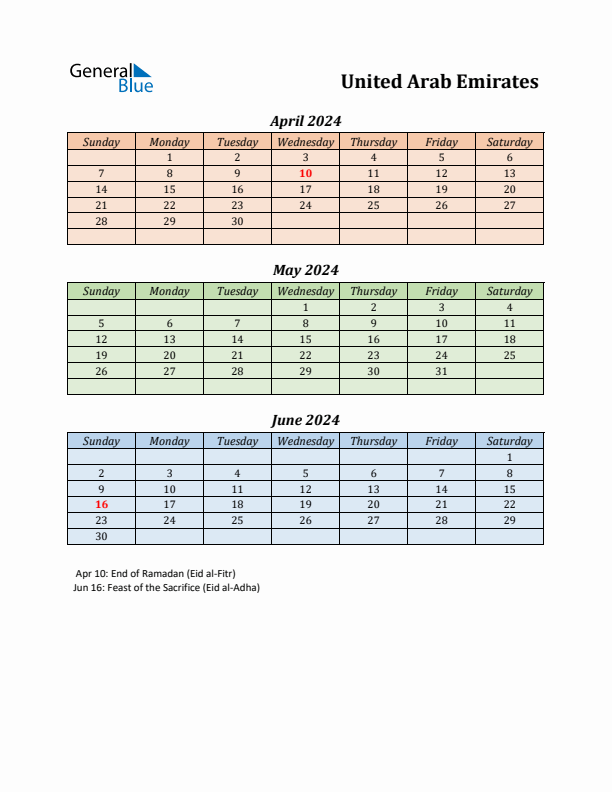 Q2 2024 Holiday Calendar - United Arab Emirates