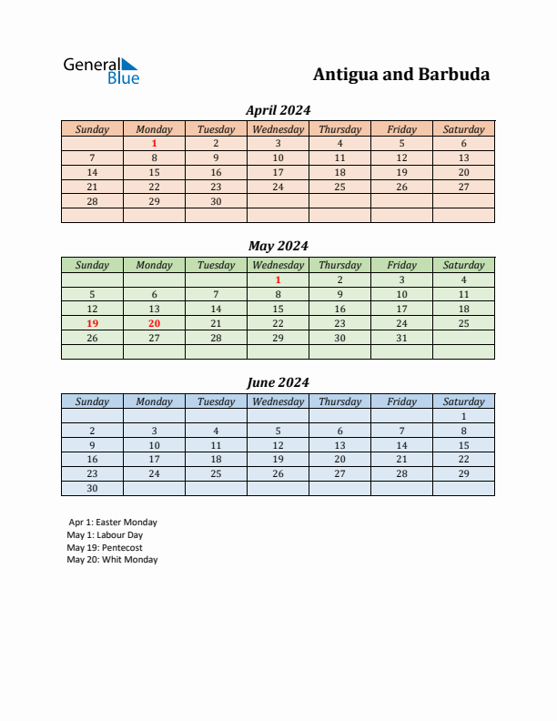 Q2 2024 Holiday Calendar - Antigua and Barbuda