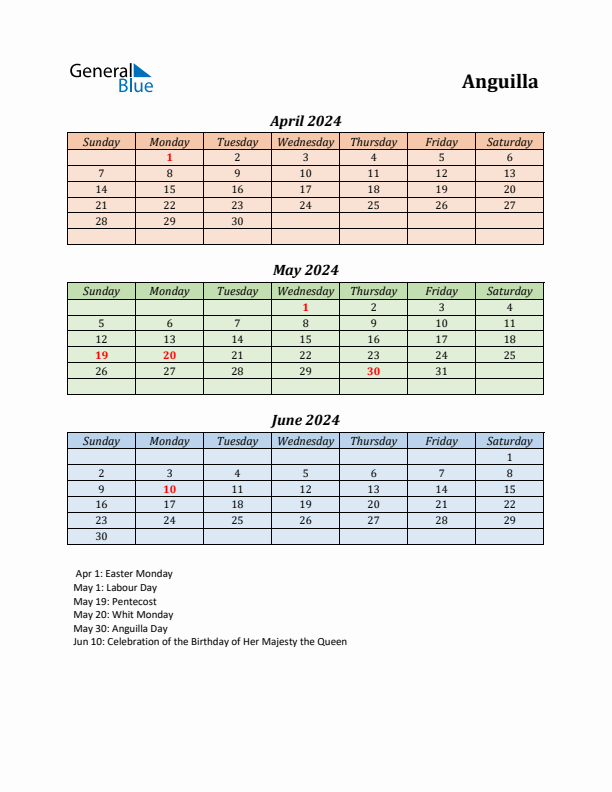 Q2 2024 Holiday Calendar - Anguilla