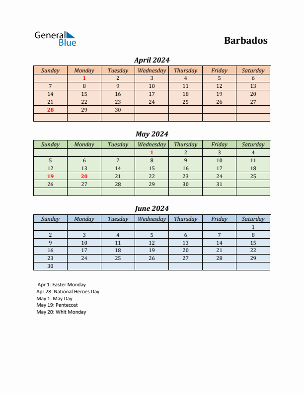 Q2 2024 Holiday Calendar - Barbados