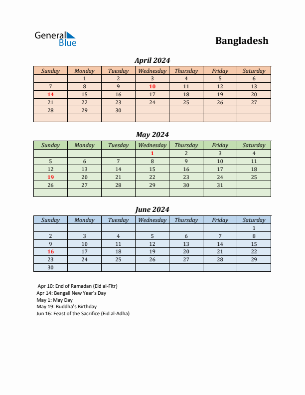 Q2 2024 Holiday Calendar - Bangladesh