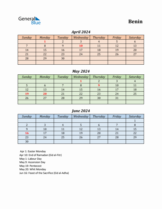 Q2 2024 Holiday Calendar - Benin