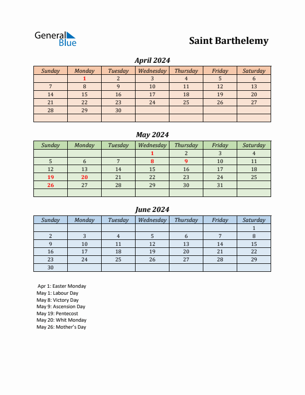 Q2 2024 Holiday Calendar - Saint Barthelemy