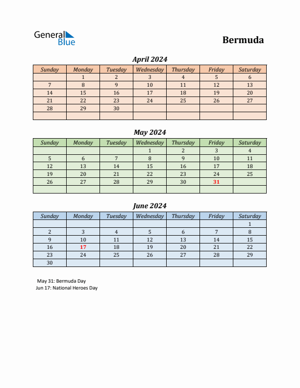 Q2 2024 Holiday Calendar - Bermuda