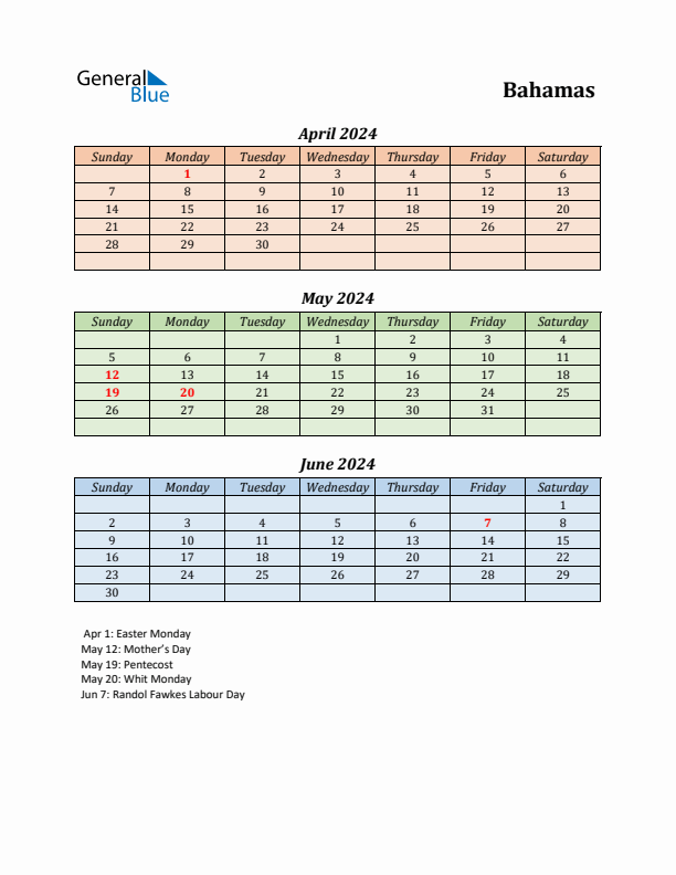 Q2 2024 Holiday Calendar - Bahamas