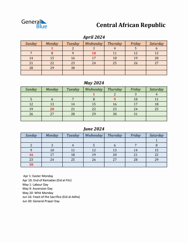 Q2 2024 Holiday Calendar - Central African Republic