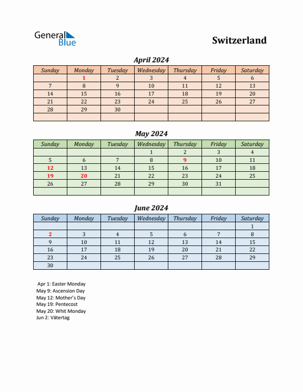 Q2 2024 Holiday Calendar - Switzerland