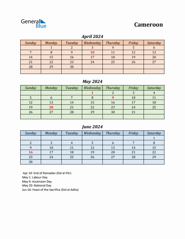 Q2 2024 Holiday Calendar - Cameroon