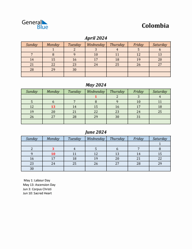 Q2 2024 Holiday Calendar - Colombia