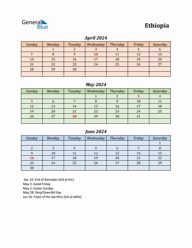 Q2 2024 Holiday Calendar - Ethiopia