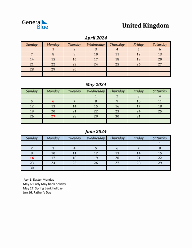 Q2 2024 Holiday Calendar - United Kingdom