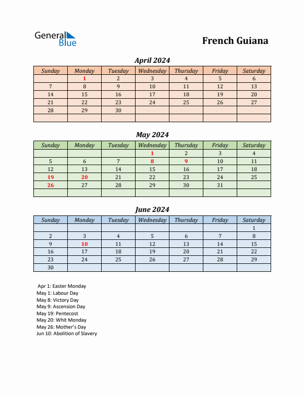 Q2 2024 Holiday Calendar - French Guiana