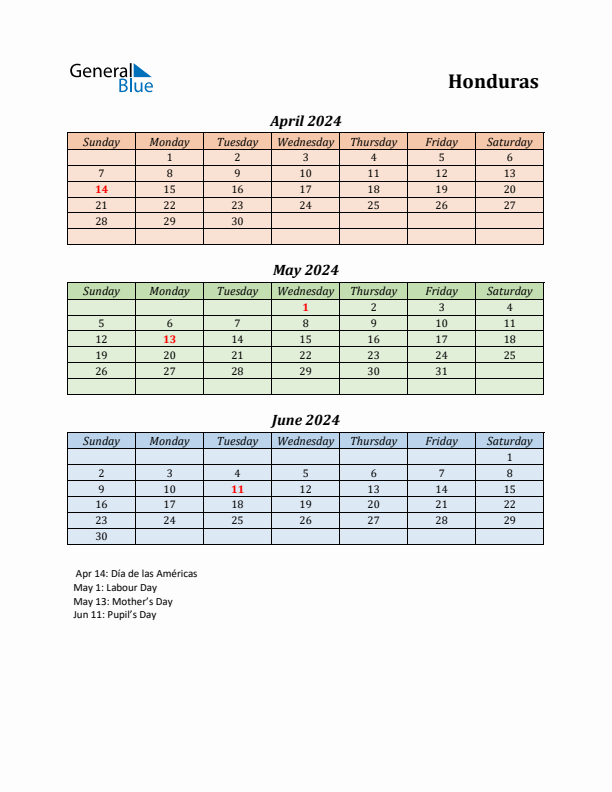 Q2 2024 Holiday Calendar - Honduras