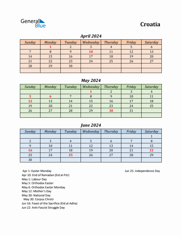 Q2 2024 Holiday Calendar - Croatia