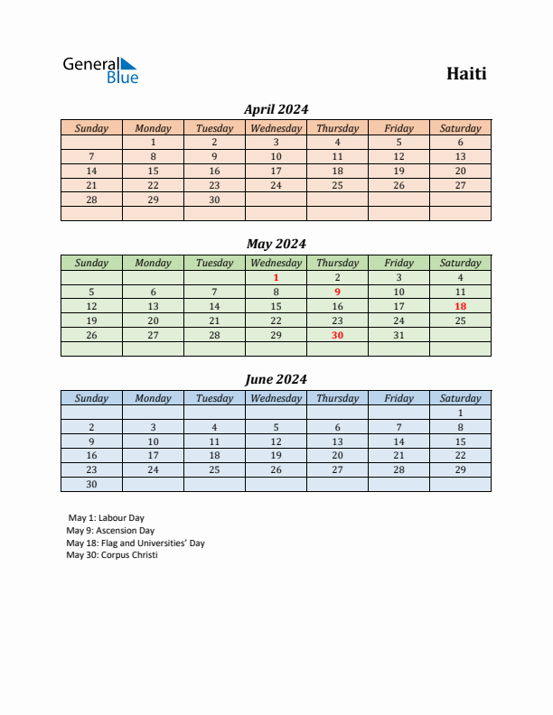 Q2 2024 Holiday Calendar - Haiti