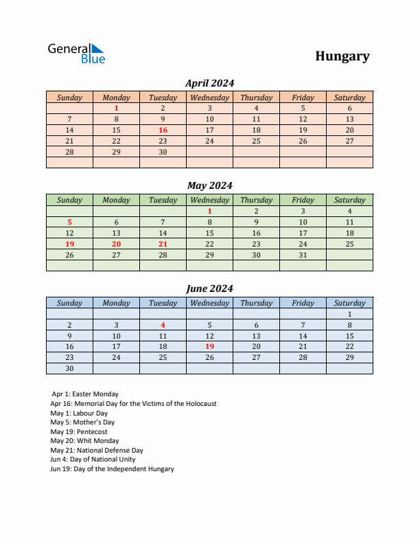 Q2 2024 Holiday Calendar - Hungary