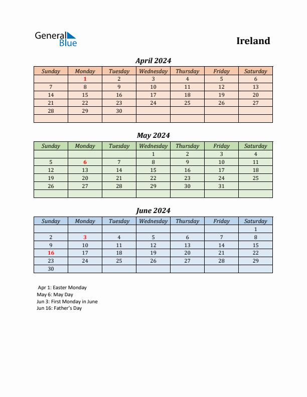 Q2 2024 Holiday Calendar - Ireland