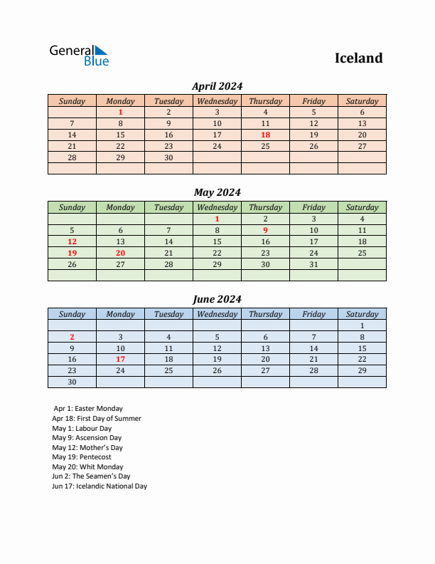 Q2 2024 Holiday Calendar - Iceland