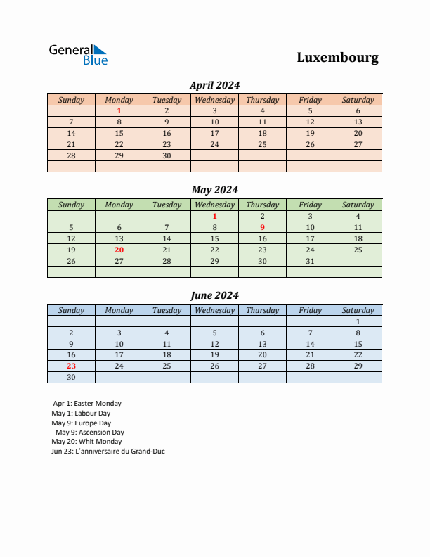 Q2 2024 Holiday Calendar - Luxembourg