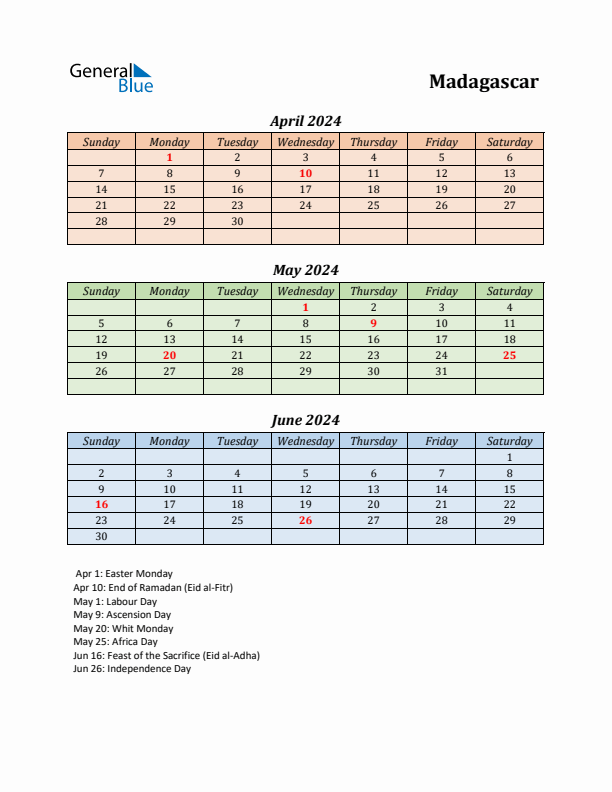 Q2 2024 Holiday Calendar - Madagascar