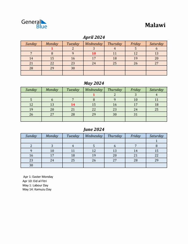 Q2 2024 Holiday Calendar - Malawi