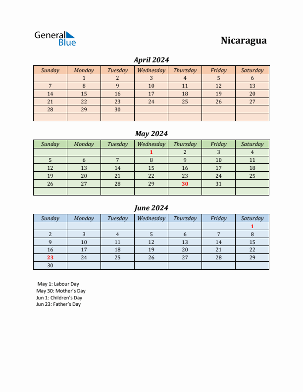 Q2 2024 Holiday Calendar - Nicaragua