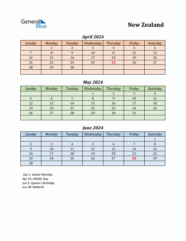 Q2 2024 Holiday Calendar - New Zealand