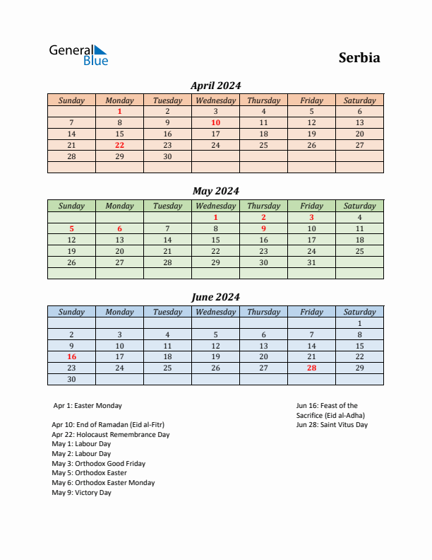 Q2 2024 Holiday Calendar - Serbia