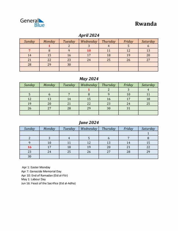 Q2 2024 Holiday Calendar - Rwanda