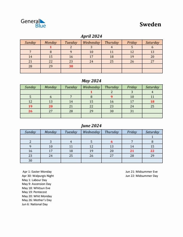 Q2 2024 Holiday Calendar - Sweden