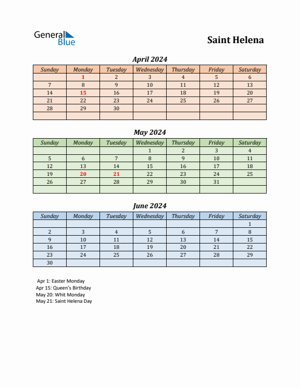 Q2 2024 Holiday Calendar - Saint Helena