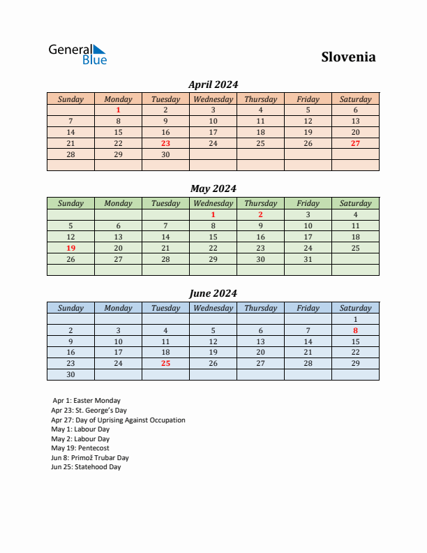 Q2 2024 Holiday Calendar - Slovenia