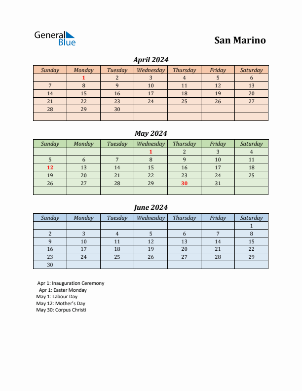 Q2 2024 Holiday Calendar - San Marino