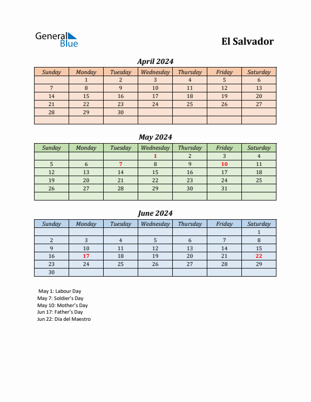 Q2 2024 Holiday Calendar - El Salvador