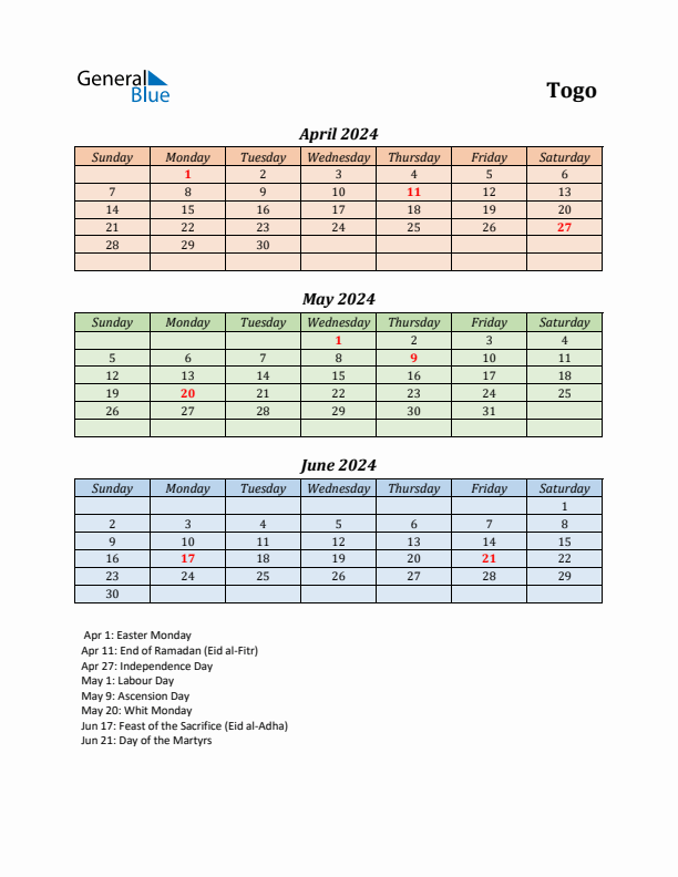 Q2 2024 Holiday Calendar - Togo