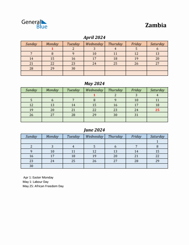 Q2 2024 Holiday Calendar - Zambia