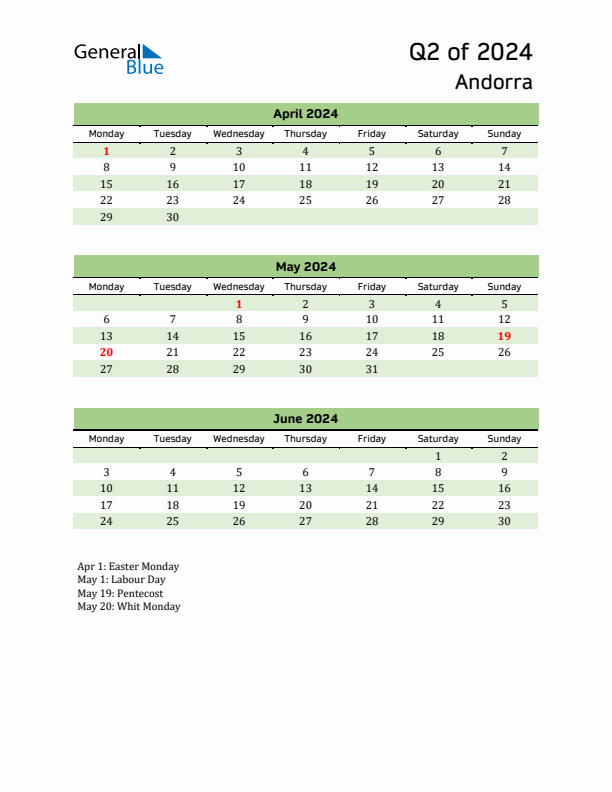 Quarterly Calendar 2024 with Andorra Holidays