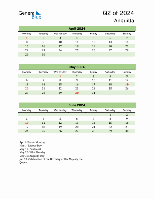 Quarterly Calendar 2024 with Anguilla Holidays