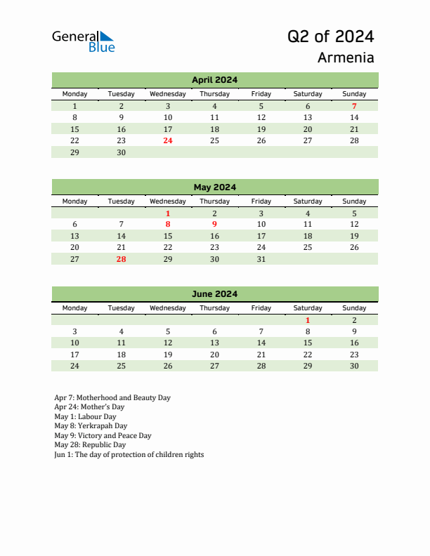 Quarterly Calendar 2024 with Armenia Holidays