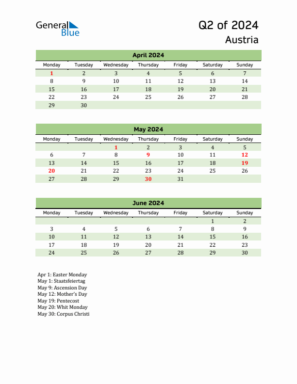 Quarterly Calendar 2024 with Austria Holidays