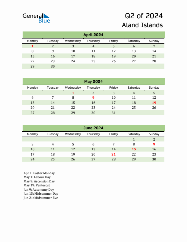 Quarterly Calendar 2024 with Aland Islands Holidays