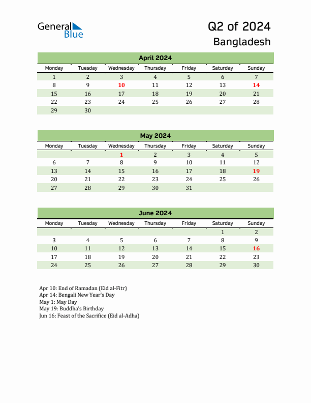 Quarterly Calendar 2024 with Bangladesh Holidays