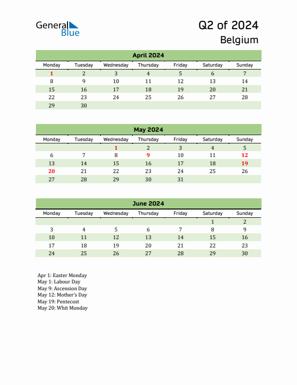 Quarterly Calendar 2024 with Belgium Holidays