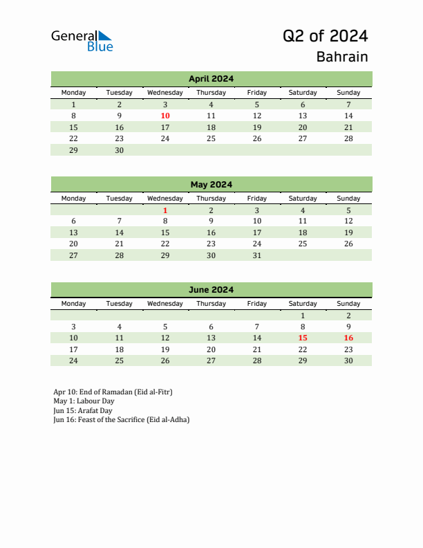 Quarterly Calendar 2024 with Bahrain Holidays