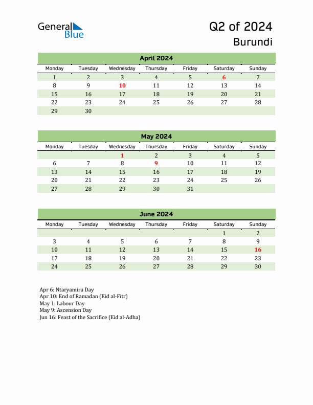 Quarterly Calendar 2024 with Burundi Holidays