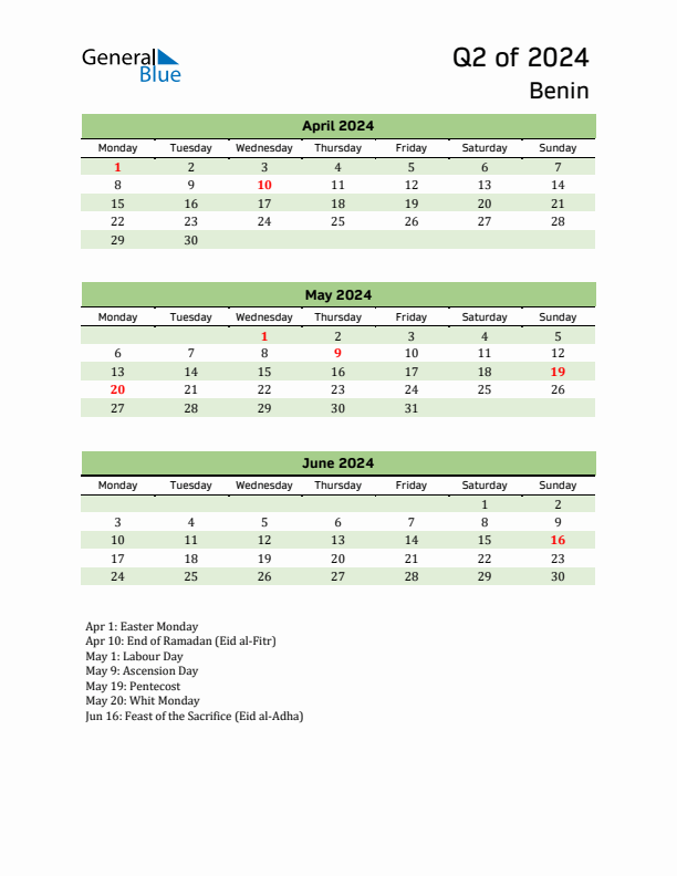 Quarterly Calendar 2024 with Benin Holidays