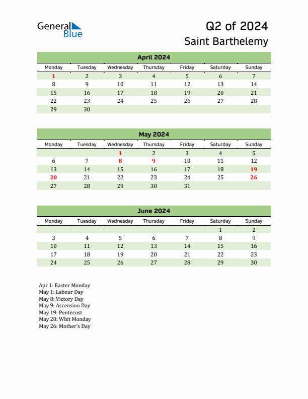 Quarterly Calendar 2024 with Saint Barthelemy Holidays